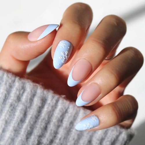 Glamnetic Press On Nails - Snow Bunny | Short Almond Fake Nails in Pale Blue with French Tips & 3D Snowflake Designs in a Matte Finish, Salon Quality Winter Nails | 15 Sizes - 30 Nail Kit with Glue