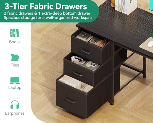 Image of AODK 63 Inch Computer Desk with Drawers & USB Power Outlets, Reversible Home Office Desk with Storage Shelves, Work from Home, Modern Work /Writing /Study Table for Bedroom, Black