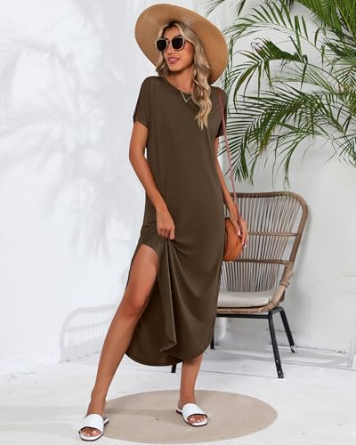 Image of Riyiper 2 Pieces Women's Short Sleeve Maxi Dress Round Neck Casual Loose Split Long Summer Beach Shirt Dress with Pockets