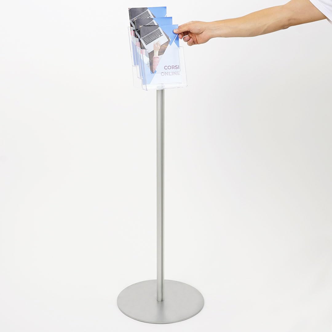 Danieli - Porta Depliant da Terra in Acrilico Trasparente A5 con 3 tasche, per Riviste e Brochure. Porta Volantini Resistente da Utilizzare come Espositore per Ufficio e Negozi. (Alluminio Silver)