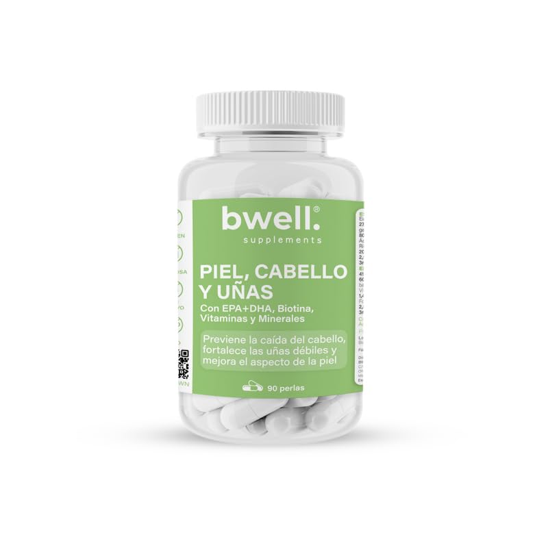 Biotina para Cabello Piel y Uñas + Zinc Hierro y Magnesio + Vitamina C E - Apoyo al crecimiento capilar Salud de la piel - Cápsulas sin gluten ni lactosa - 90 perlas | Bwell supplements