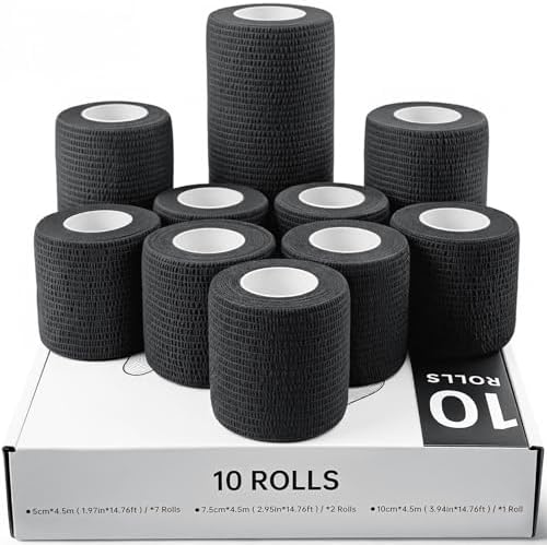 HONYAO Selbstklebender Verband 10 Rollen, Verbandsmaterial für Handgelenk Knöchel, Selbsthaftender Verband für Hund Pferde, Elastische Binde für Sport Erste Hilfe, 3 Größen, Schwar
