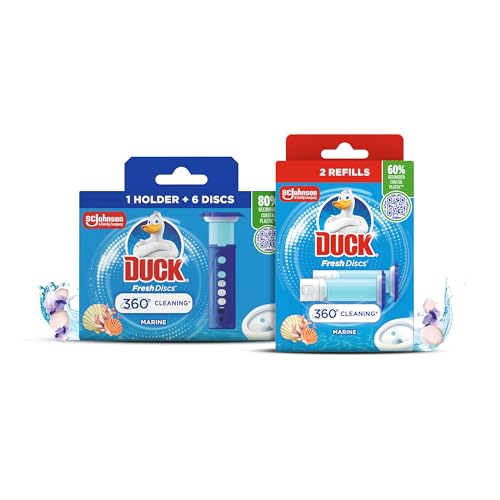 Duck Fresh Discs Toilet Cleaner Starter Kits Fights Stains That Harbour Germs Prevents Limescale Build Up Marine Starter Kit (1 Holder + 3 Refill Tubes)