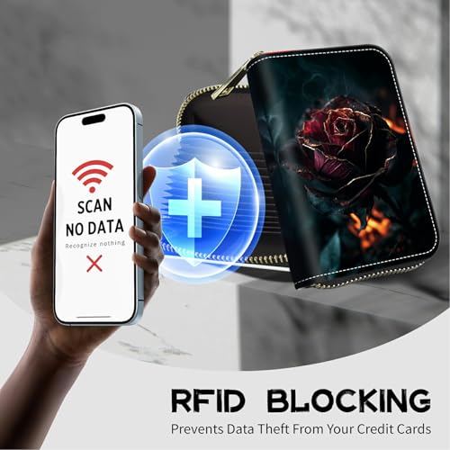 Image of Cute Credit Card Holder with Zipper, Burning Rose RFID-Blocking Card Case Small Wallet for Women Men, Multi-slot Card Organizer Case Travel Accordion Wallet