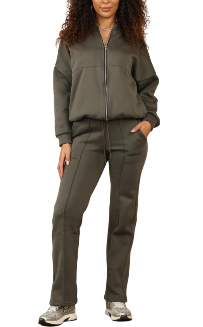 FAIRY TRENDZ Womens Fleece Loungewear Bomber Zipper Jacket Tracksuit Ladies Long Sleeve 2piece Lightweight Tops And Trouser Set