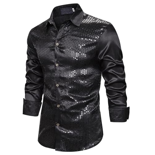 Chemise Paillette Homme Vetement Annee 80 Disco Déguisement Hippie Hommes Chemise à Paillettes pour Homme Chemises À Manches Longues Boutonnée Brillanté...