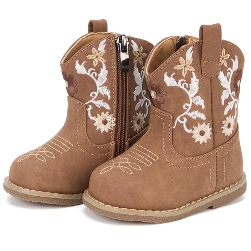 Newsonet Baby Cowboy Cowgirl Boots Infant Western Boys Girls Round Toe Riding Mid Calf for All Seasons 6 9 12 18 24 Months Camel Size 4