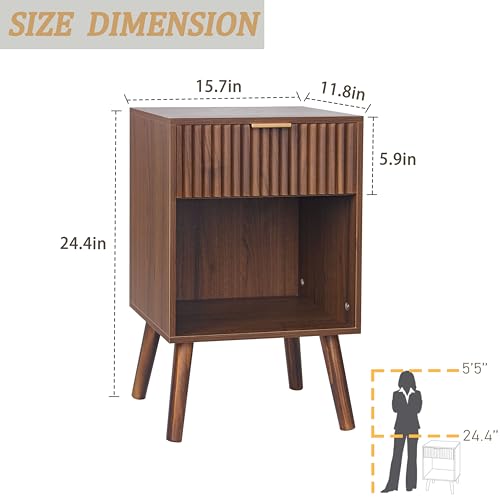 Image of Fultyle Walnut Nightstand, Modern Night Stand with Fluted Drawer and Open Storage, Wooden Bedside Table with Solid Wood Legs for Bedroom, Living Room, Office (Walnut Brown)