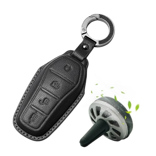 Image of Keyzone Premium Leather Key Cover & AC Vent Car Perfume Combo (4 Fragrances) | Compatible for BYD Seal, Atto3 4 Button Smart Key. (Black)