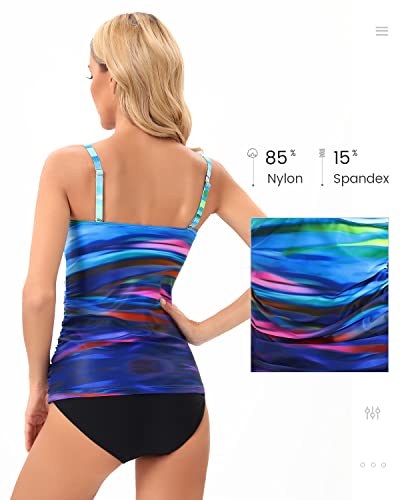 Image of Shuangyu Women's Twist Front Bandeau Tankini Set Two Pieces Ruched Tummy Control Suimsuit with Mid Waist Briefs