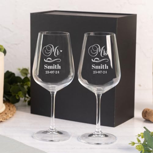 Wanapix | Pack 2 Verres à Vin Personnalisés | Boîte Cadeau Incluse | Verre à Vin en cristal gravés | Pack de Verres Vin en cristal Bohème personnalisables | Mr & Mrs