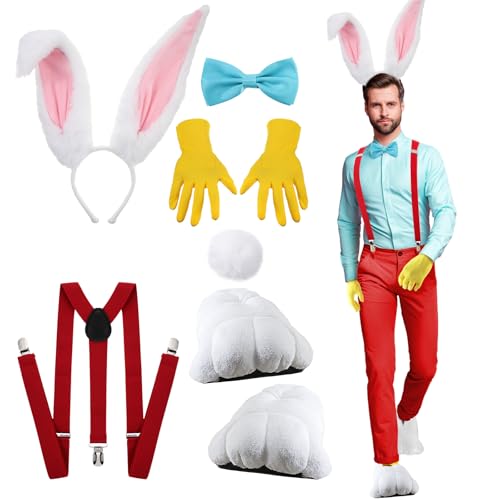 Shyyween 6 Pcs Halloween Rabbit Costume Set for Men Bunny Ear Headband Shoes Tail Bowtie Glove Y Back Adjustable Suspender(M)