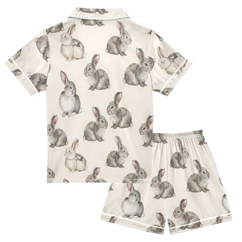ALAZA Gray Rabbit Bunny Retro Satin Pajamas Set Short Sleeve Button Down Sleepwear Summer Pjs 2 Piece2