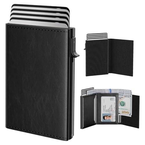 KASTWAVE Mens Wallet Card Holder - Slim Pop-Up Card Case with RFID Blocking Top Grain Leather ID Window Cash Slot - Minimalist Front Pocket Wallet for 9-14 Cards (Black)