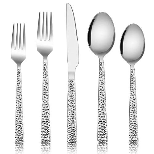 E-far Hammered Silverware Set, 40-Piece Stainless Steel Square Flatware Set for 8, Metal Tableware Cutlery Set Includes Dinner Knives/Forks/Spoons, Modern Design & Mirror Polished – Dishwasher Safe