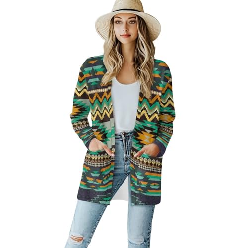 Image of Women's Aztec Open-Front Jacket Lightweight Casual Outerwear Native Western Aztec Pattern & Plaid Houndstooth Print