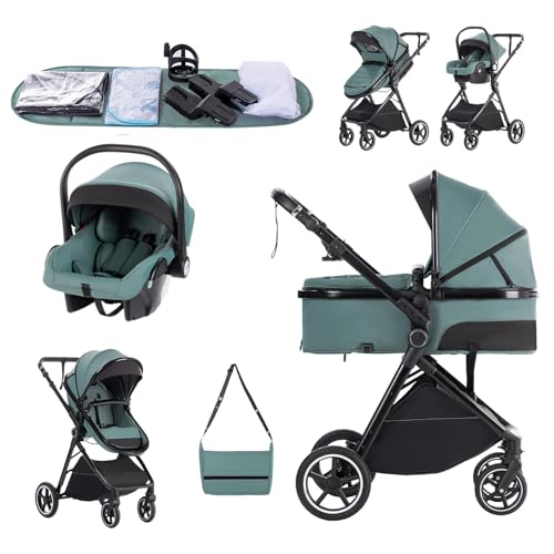 Zkiprm Poussette 3 en 1 avec Siège, Poussette Combinée Portable Pliant en Un Clic, Réversible, Inclinable，Moustiquaires, Housses de Pluie, Porte-gobelets,...
