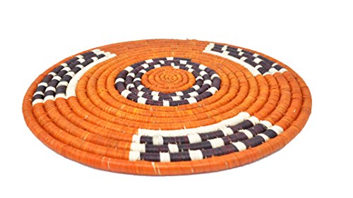 Plateau / Dessous de plat Décoratif - Raphia - Fait Main - Diam. 34 à 36 cm - Orange - Ouganda / Commerce équitable