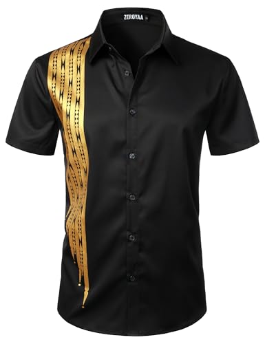 ZEROYAA Men's Africa Style Bronzing Short Sleeve Button Down Shirt Casual Party Dress Shirts