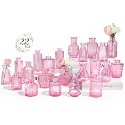 RUCKAE Pink Flower Vase in Bulk 22 Glass Bud Vases Vintage Small Vases for Centerpiece Table Wedding...
