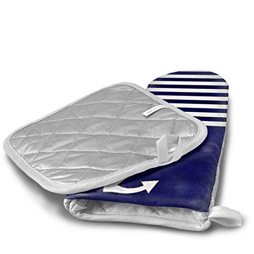 Navy Blue Love Anchor Nautical Oven Mitts And Potholders (2-Piece Sets) - Kitchen Set With Cotton Heat Resistant,Oven Gloves For Bbq Cooking Baking Grilling #TOP1