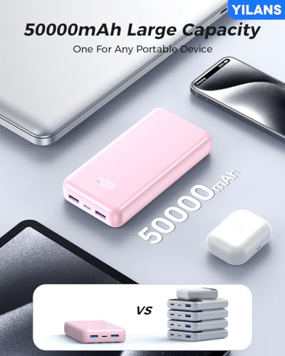 Image of Portable Charger,50000mAh Power Bank Built-in Cable, 22.5W PD USB C In & Out Fast Charging, External Battery Pack with 6 Output & 2 Input, Travel Phone Charger for iPhone 17 /16 /15 /14 /13 /12(Rosy)
