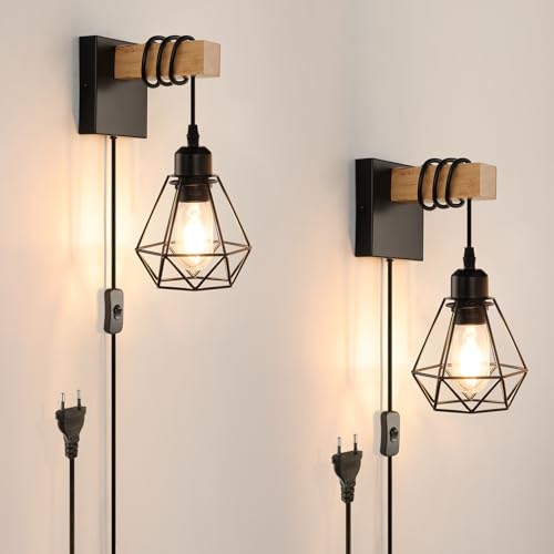 FORCOSO Wandleuchte Innen mit Schalter 2er, Vintage Wandlampe mit Stecker Kabel, E27 Wand Lampe Holz Braun Schwarz, Rustikal Industrial Wandbeleuchtung Wall Light Indoor Wohnzimmer Schlafzimmer Flur