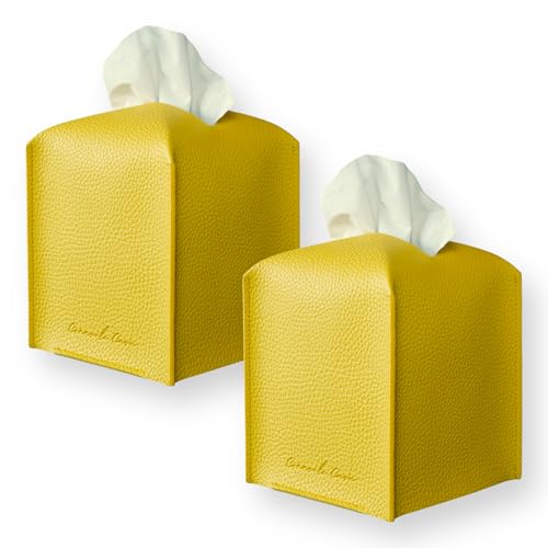 Boîte à mouchoirs en cuir jaune au design carré chic pour intérieur moderne - 2