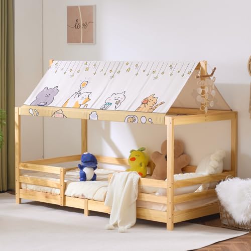 LEADZM Lit cabane Enfant 90x190 cm avec baldaquin en Tissu, sommier à Lattes, barrières de sécurité Enfant Bois en pin Forme de Maison Lit au Sol...