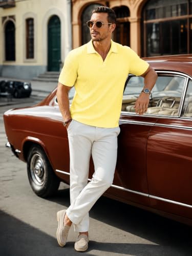 Image of Zilcon Mens Casual Polo Shirt Summer Short Sleeve Vacation Button Beach Knit Stretchy Golf Tshirts