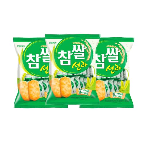 Korean Snack Rice Cracker Crown Chamssal Seon Gwa 115g, Pack of 3 – Sweet and Crispy Rice Treat