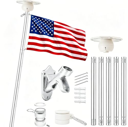 LYNSHION Flag Pole Kit for House 5-6 FT Outdoor Flag Pole with 120 LED Solar Flag Pole Light 3x5 FT Embroidered American Flag Adjustable Wall Mount Bracket for Porch Patio & Yard Silver