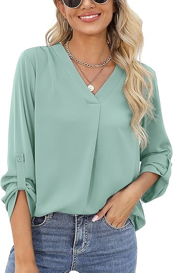 Yommay Langarmshirts für Damen Bluse Sommer Elegant V-Ausschnitt Tunika...