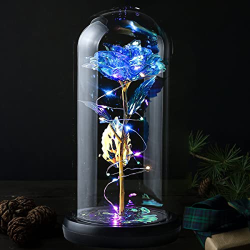 Veryhome Rose Flower Gift, Infinity Rose in Glass Dome, Colorful Artificial Flower Rose Gift Led Light String on Galaxy Rose Flower (blau) Cover