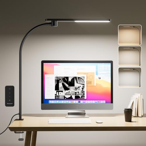 Honeywell HJ2 Sunturalux™ Clamp LED Desk Lamp, CRI≥97 Full-Spectrum Eye-Caring Light, 3 Color Modes & Stepless Dimming, 16" Flexible Gooseneck for Reading, Home Office, Art Creation (Black)