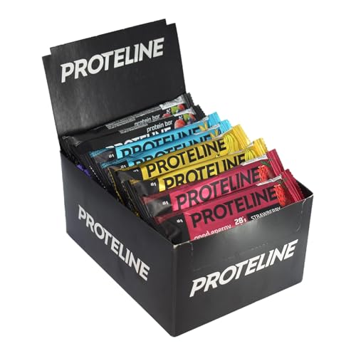 Barra de proteína 26 % proteína mezcla de sabores de frutas 24 × 40 g | Fresa, plátano, vainilla, fruta del bosque | Aperitivo después del entrenamiento - ProteLine