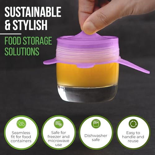 Image of Reusable Silicone Stretch Lids for Food Storage in Fridge - Elastic Heat-Resistant Bowl Covers, Cups, Cans, Jars - Universal Food Grade Lid for Containers - 7 Pack - Purple Stretchy Lid Set