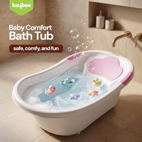 Image of Baybee Comfort Baby Bath Tub for 0 to 5 Years | Baby Bather & Bathtub with Anti-Slip Base & Quick Drains | Bath Tub for Kids with Soft Headrest & Compact Storage for Boys & Girls (Pink)