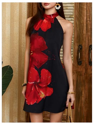 Image of Floerns Women's Sleeveless Floral Print Sundress Halter Neck A Line Short Dress
