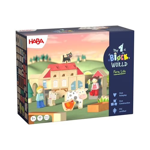 HABA Il mio primo mondo di mattoncini da costruzione, la nostra grande fattoria, set starter di mattoni da 18 mesi con 2 personaggi e veicolo – Costruire e giocare di ruolo – 2013392001