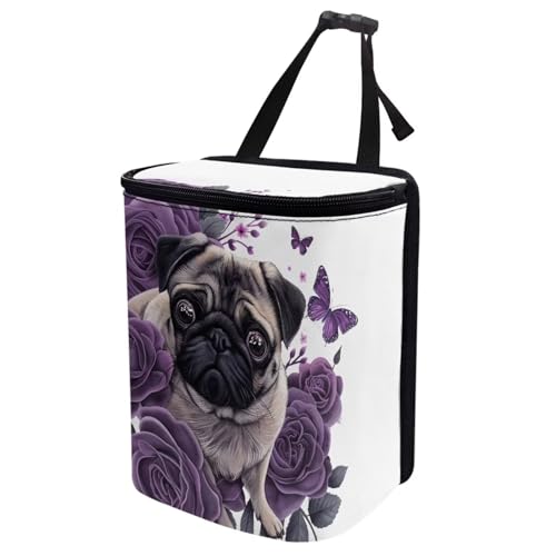 Image of Talayituse Pug Dog Butterfly Flower Print Car Trash Can, Portable Auto Garbage Bin Multifunctional Vehicle Interior Accessories with Adjustable Straps Universal Fit Truck SUV Sedan