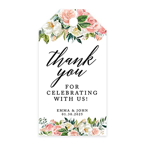 Andaz Press 100-Pack Personalized Thank You for Celebrating with Us Wedding Favor Tags with Bakers Twine Peach Coral Floral Garden Custom Cardstock Wedding Gift Tags for Party Favors 2 x 3.75-Inches