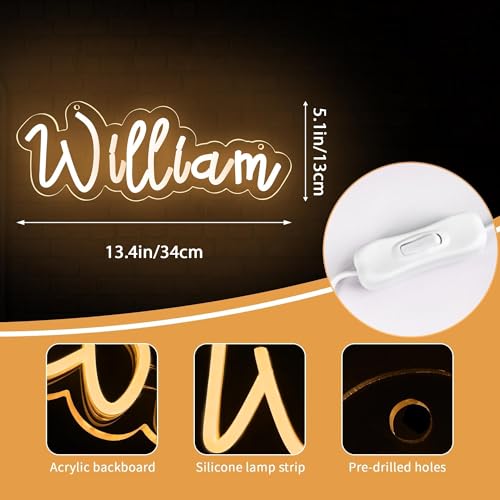 Image of William Name Neon Sign,LED Name William Neon Light for Kids Bedroom,Birthday William Party Decoration,Neon Sign Customizable for Wall Decor,Perfect Name for boy,Size 13.4 * 5.1 inches(JTLD096)