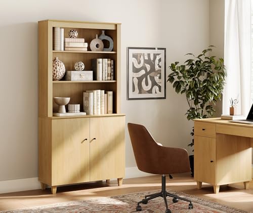 Image of WAMPAT 71 inch Tall Bookcase with Doors & Storage Cabinet, Modern 5-Tier Bookshelf with Adjustable Shelf, Floor Standing Wooden Display Book Shelf for Home Office, Living Room, Bedroom, Oak