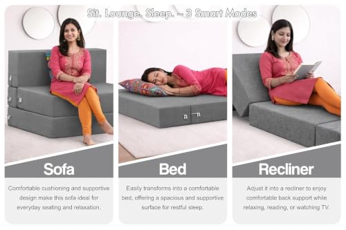 Image of Rosebell Two Seater Foldable Sofa Cum Bed (4x6 Feet) Jute Fabric, Washable Removable Cover, Includes 2 Cushion | Space Saving Sofa Bed for Home, Office & Guests - Grey