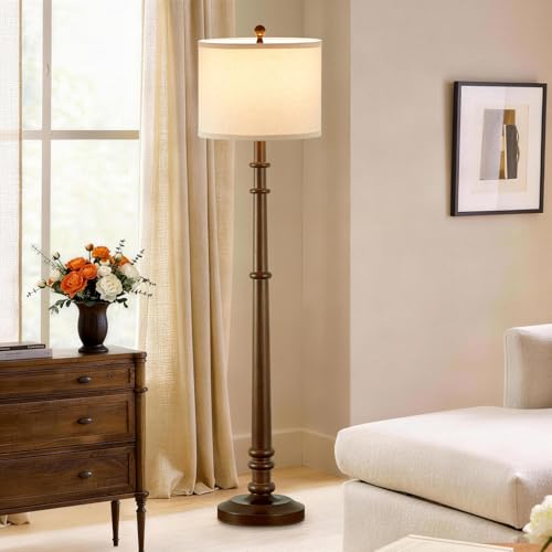 Image of Floor Lamps for Living Room - 60 inch Farmhouse Floor Lamp with Adjustable Color Temperatures - Vintage Standing Lamp Reading Light with Linen Shade Rustic Tall Lamp for Bedroom Office, Wood , Walnut