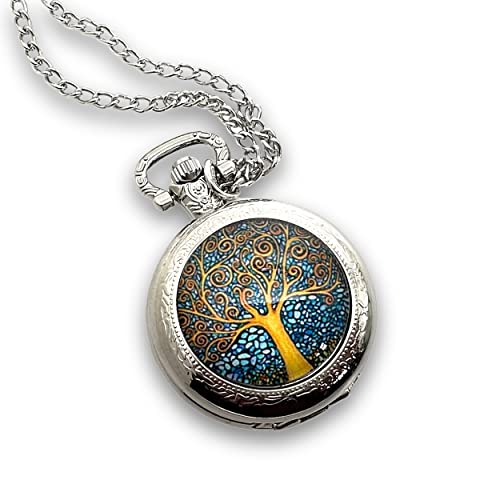 Montre à gousset fantaisie argentée, sautoir illustré, parure Klimt « l’arbre de vie », arbre, décoration, tableau, bleu, jaune (ref.59a)