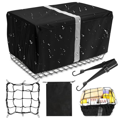 Capa de chuva para cestas de bicicleta com tira refletora, capa impermeável para cesta com saco de armazenamento/correias elásticas/rede de bagagem adequada à maioria das cestas de bicicleta