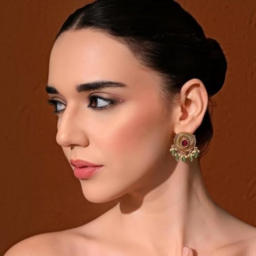 Image of Sayda JewelsGold Plated Antique Traditional Jhumka Earring Indian ethnic Temple design studs Chandbali Style Bridal, Wedding & Festive Jewellery For Women & Girls