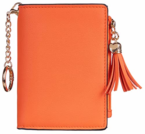 Gostwo Womens Small Bifold Slim Mini Wallet Purse With Tassel And Zippered Coin Pocket (Orange With Key Chain） #TOP2